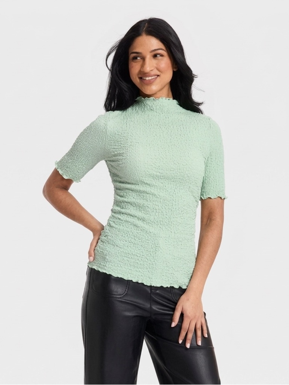 Women’s Textured Mock Neck Top - Light Mint